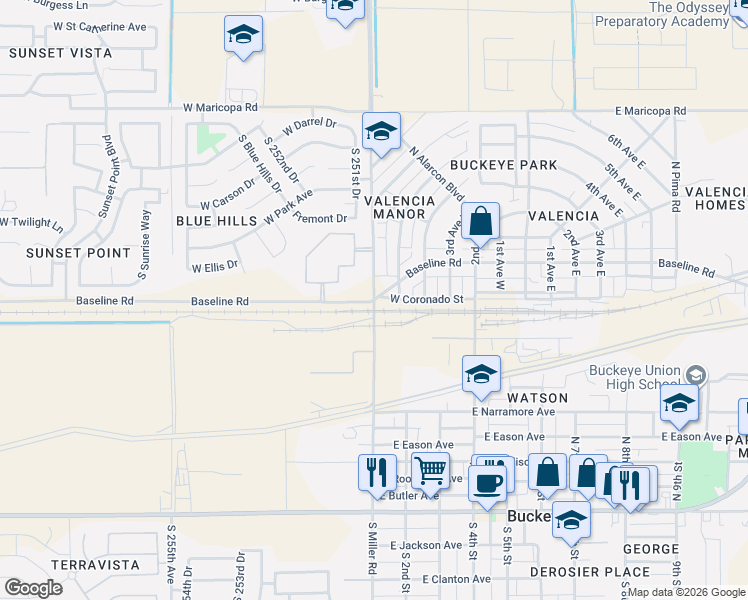 map of restaurants, bars, coffee shops, grocery stores, and more near 830 North 1st Street in Buckeye