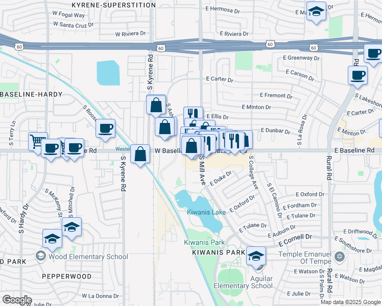 map of restaurants, bars, coffee shops, grocery stores, and more near 37 W Baseline Rd in Tempe