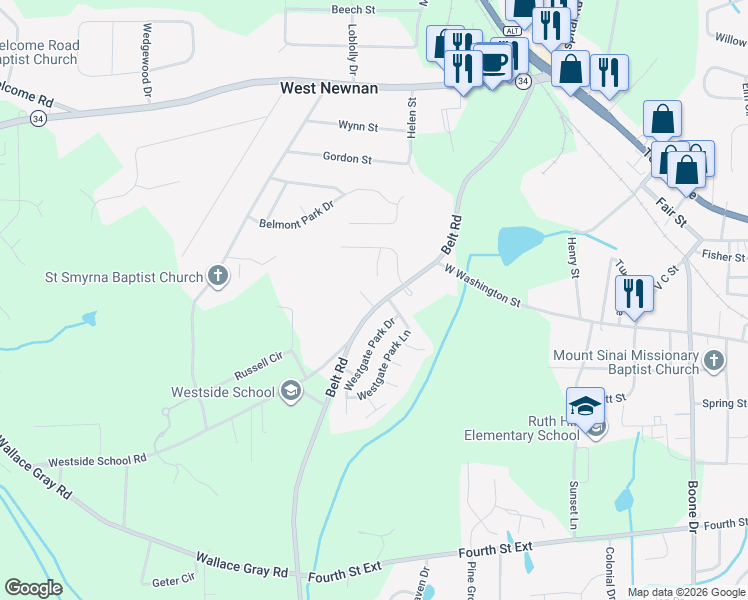 map of restaurants, bars, coffee shops, grocery stores, and more near 4 West Park Court in Newnan
