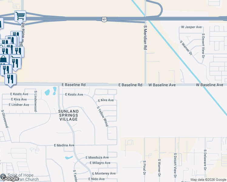 map of restaurants, bars, coffee shops, grocery stores, and more near 2101 South Yellow Wood in Mesa