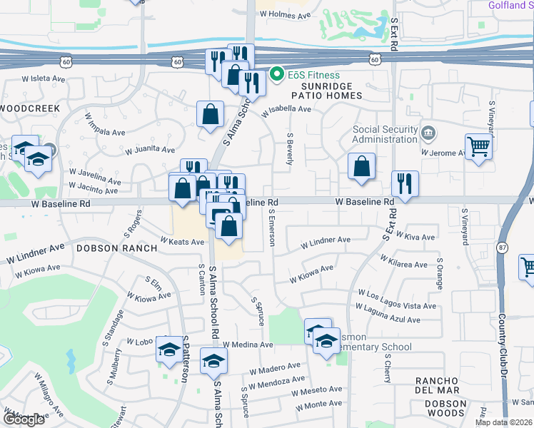 map of restaurants, bars, coffee shops, grocery stores, and more near 2026 South Emerson in Mesa