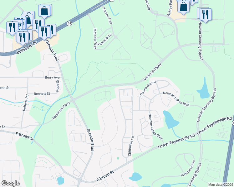 map of restaurants, bars, coffee shops, grocery stores, and more near 261 Cliffhaven Circle in Newnan