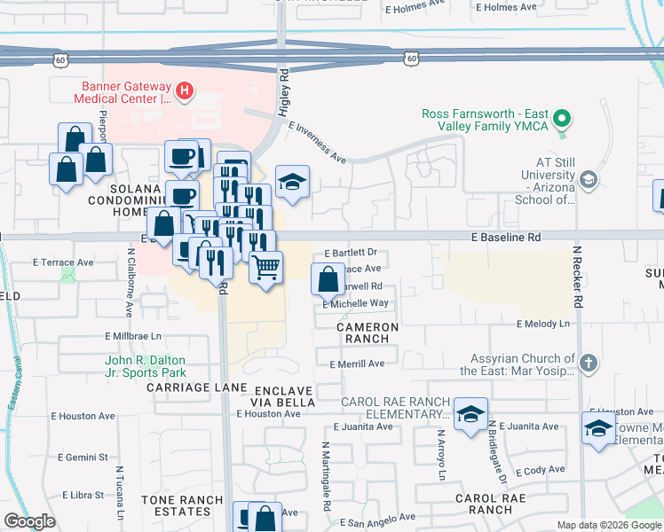 map of restaurants, bars, coffee shops, grocery stores, and more near 3450 East Terrace Avenue in Gilbert
