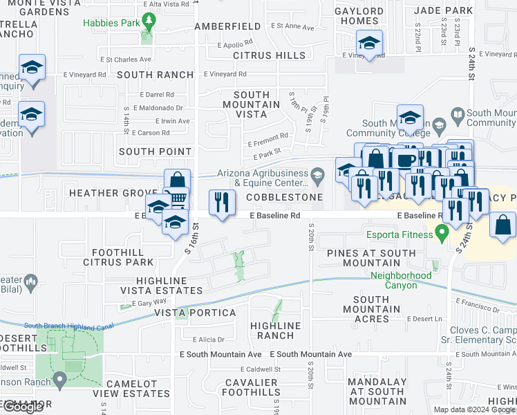 map of restaurants, bars, coffee shops, grocery stores, and more near 1640 East Baseline Road in Phoenix