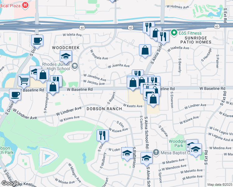 map of restaurants, bars, coffee shops, grocery stores, and more near 132 South Dobson Bay Club in Mesa