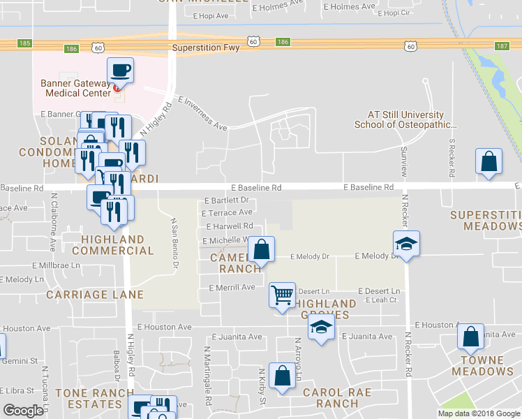 map of restaurants, bars, coffee shops, grocery stores, and more near 1539 North Kirby Street in Gilbert