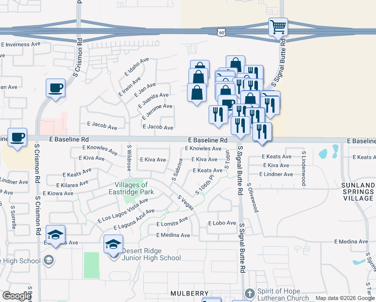 map of restaurants, bars, coffee shops, grocery stores, and more near 10601 East Knowles Avenue in Mesa
