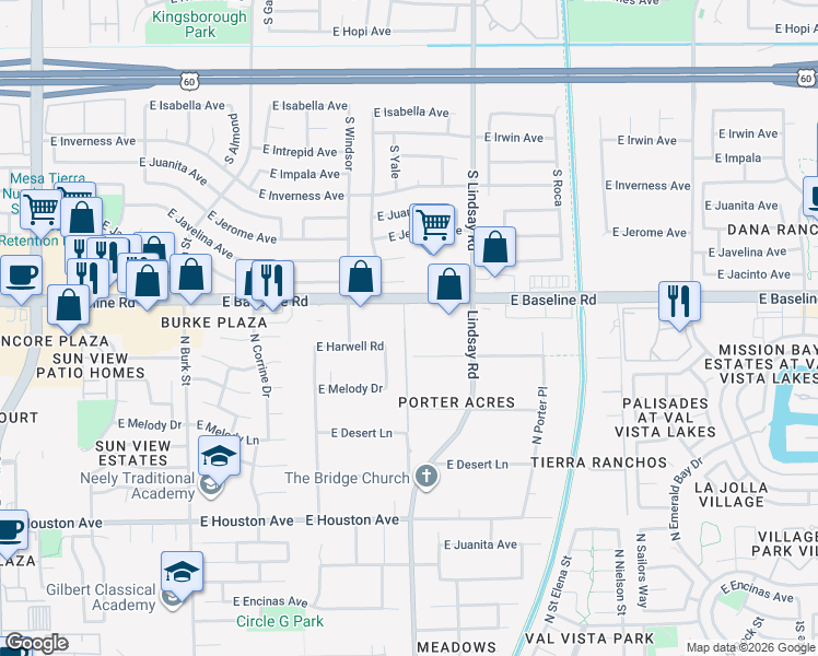 map of restaurants, bars, coffee shops, grocery stores, and more near 2679 East Baseline Road in Gilbert