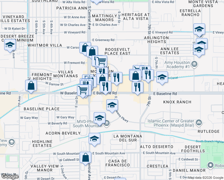 map of restaurants, bars, coffee shops, grocery stores, and more near 60 East Baseline Road in Phoenix