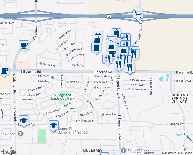 map of restaurants, bars, coffee shops, grocery stores, and more near 10601 East Knowles Avenue in Mesa
