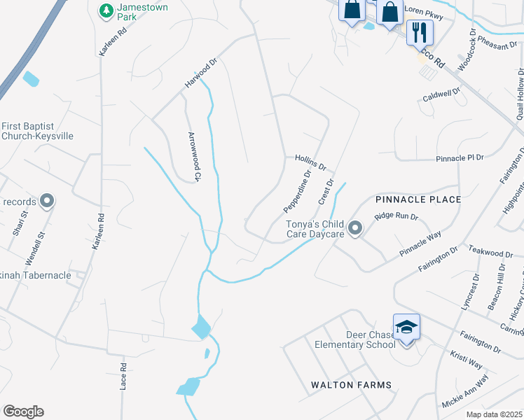 map of restaurants, bars, coffee shops, grocery stores, and more near 3824 Crest Drive in Hephzibah