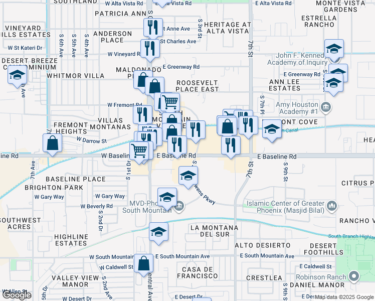 map of restaurants, bars, coffee shops, grocery stores, and more near 7440 South Jesse Owens Parkway in Phoenix