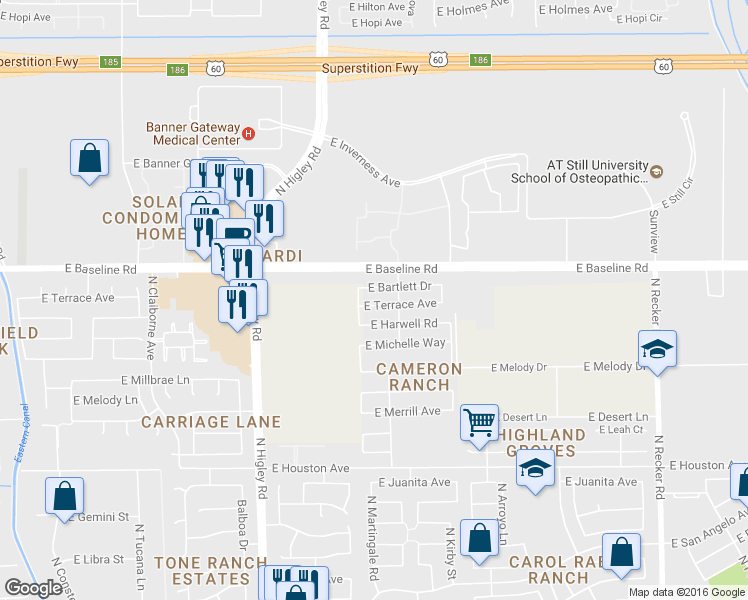 map of restaurants, bars, coffee shops, grocery stores, and more near 3442 East Terrace Avenue in Gilbert