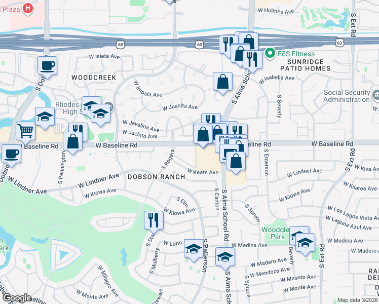 map of restaurants, bars, coffee shops, grocery stores, and more near 1331 West Baseline Road in Mesa