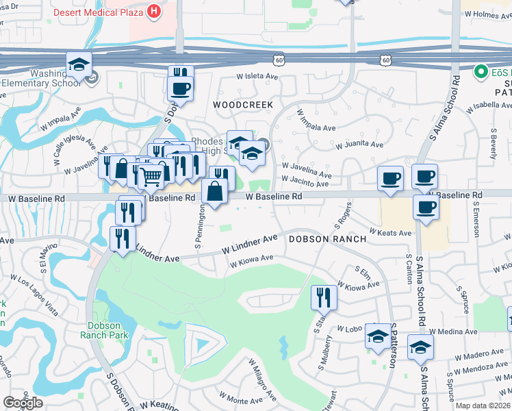 map of restaurants, bars, coffee shops, grocery stores, and more near 12 North Waterworks in Mesa