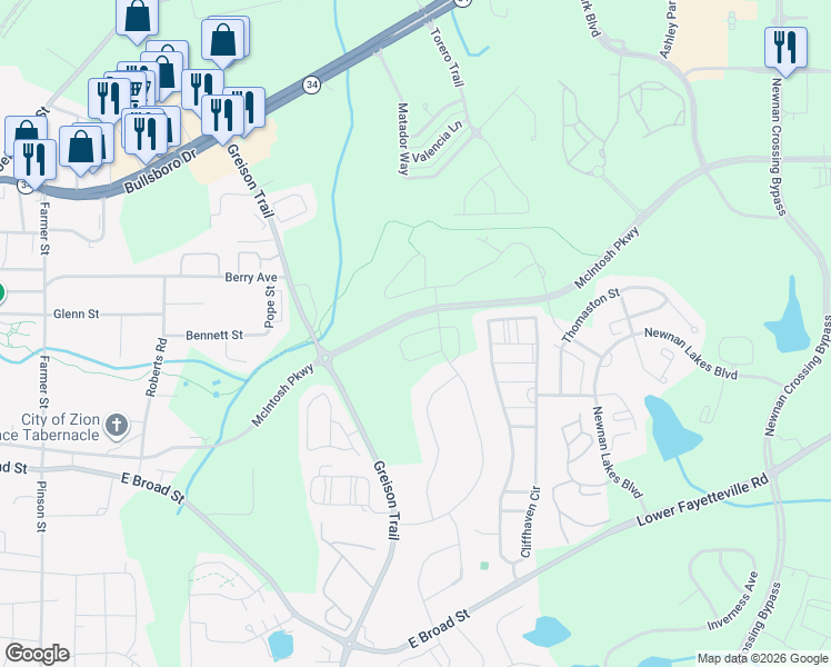 map of restaurants, bars, coffee shops, grocery stores, and more near 90 Brown Ridge Drive in Newnan