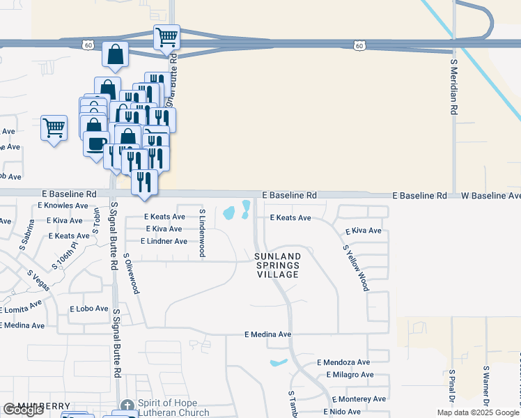 map of restaurants, bars, coffee shops, grocery stores, and more near 3 South Sunland Spur Garden Condominium in Mesa