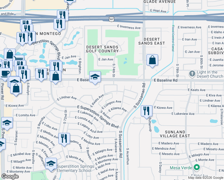 map of restaurants, bars, coffee shops, grocery stores, and more near 7452 East Keats Avenue in Mesa