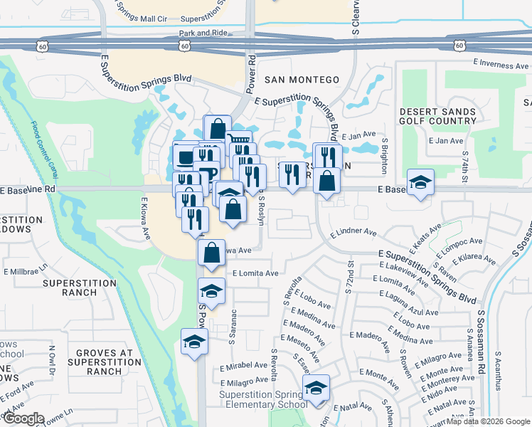 map of restaurants, bars, coffee shops, grocery stores, and more near 2050 South Edgewater in Mesa