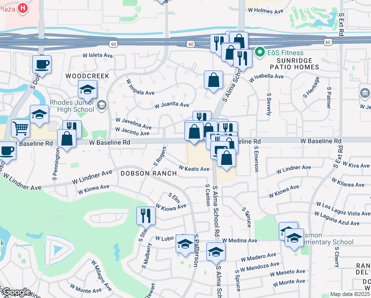 map of restaurants, bars, coffee shops, grocery stores, and more near 1331 West Baseline Road in Mesa