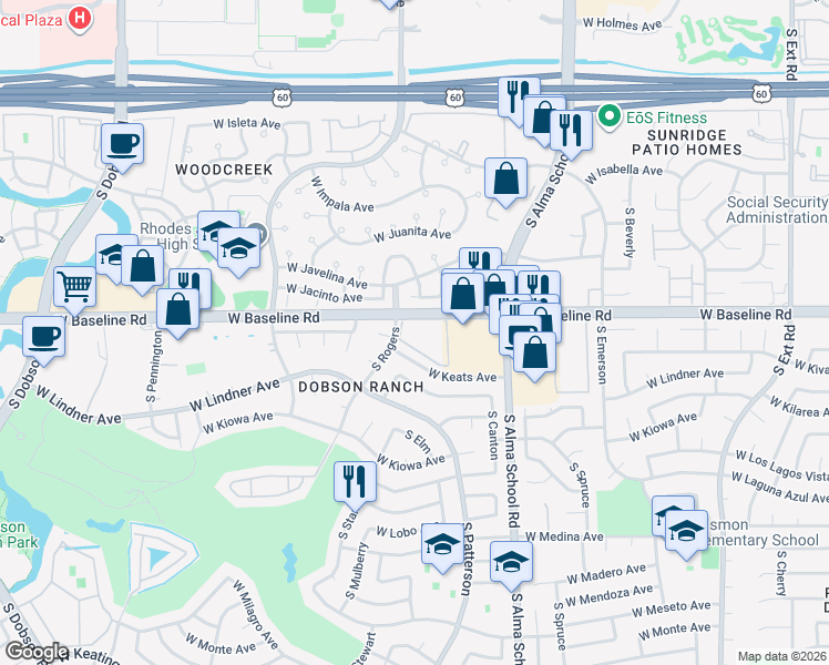 map of restaurants, bars, coffee shops, grocery stores, and more near 132 South Dobson Bay Club in Mesa