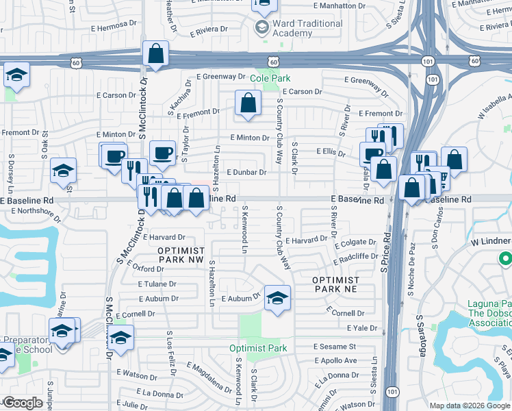 map of restaurants, bars, coffee shops, grocery stores, and more near 1968 East Rice Drive in Tempe