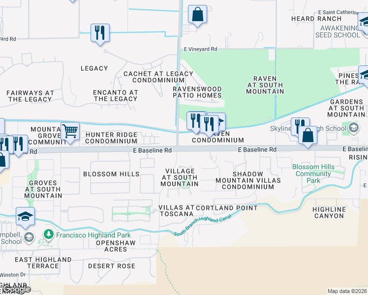 map of restaurants, bars, coffee shops, grocery stores, and more near 3316 East Baseline Road in Phoenix