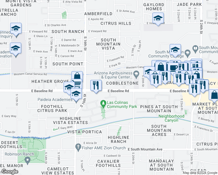 map of restaurants, bars, coffee shops, grocery stores, and more near 1640 East Baseline Road in Phoenix