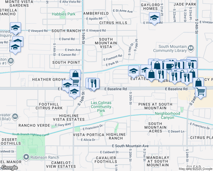 map of restaurants, bars, coffee shops, grocery stores, and more near 1700 East Baseline Road in Phoenix