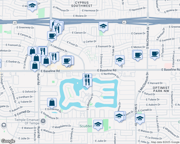 map of restaurants, bars, coffee shops, grocery stores, and more near 1214 East Northshore Drive in Tempe