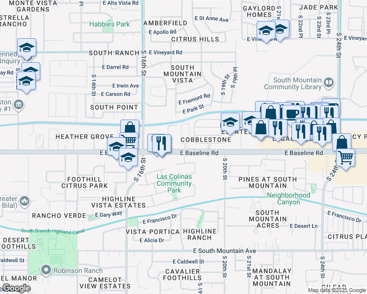 map of restaurants, bars, coffee shops, grocery stores, and more near 1640 East Baseline Road in Phoenix