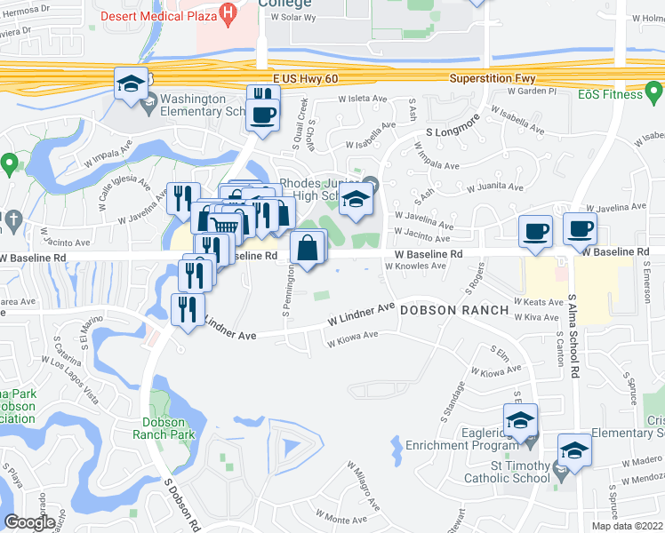 map of restaurants, bars, coffee shops, grocery stores, and more near 170 North Waterworks in Mesa