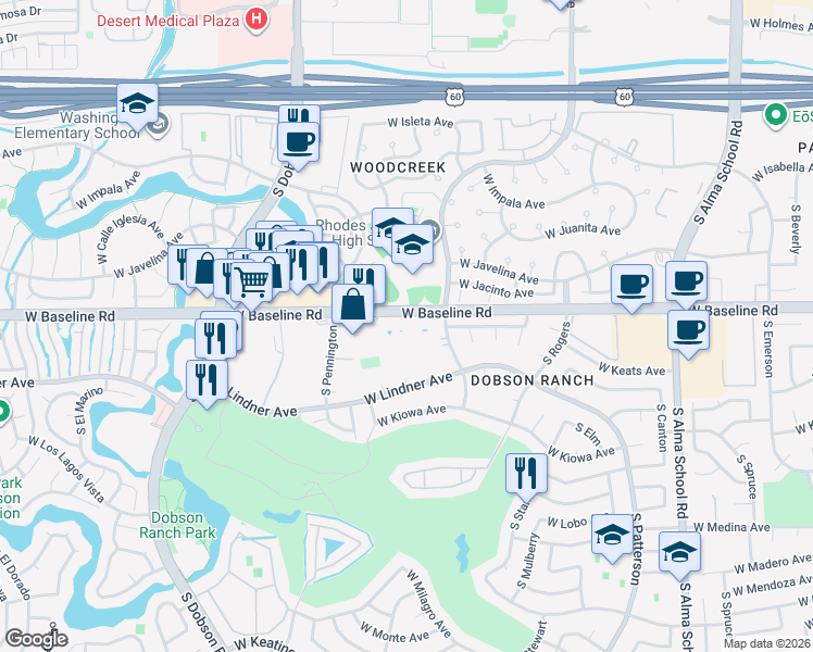 map of restaurants, bars, coffee shops, grocery stores, and more near 12 North Waterworks in Mesa