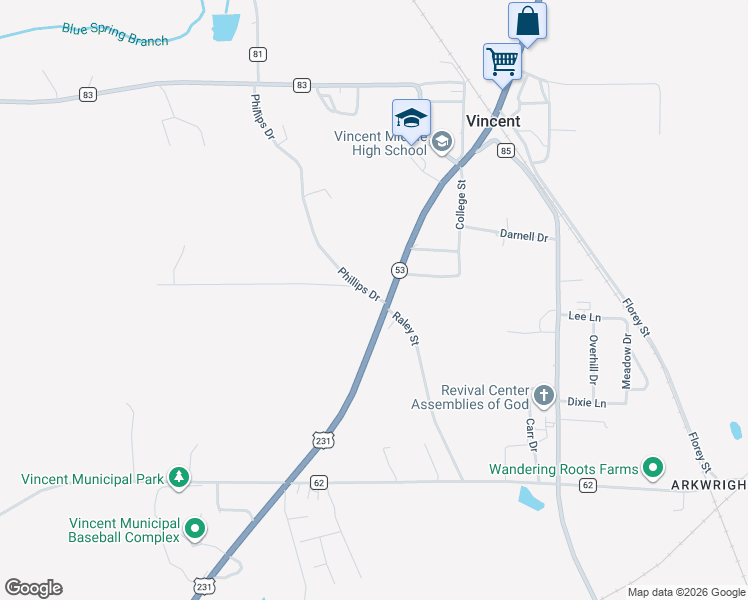 map of restaurants, bars, coffee shops, grocery stores, and more near 30 Phillips Drive in Vincent