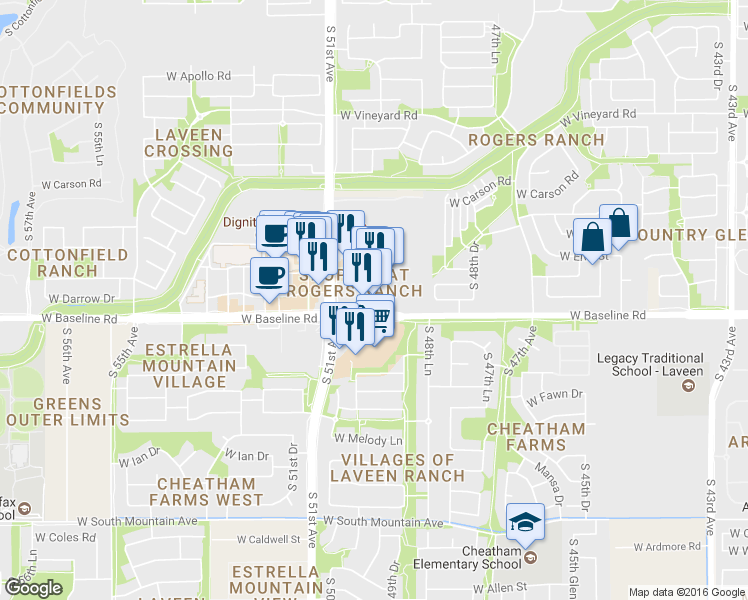 map of restaurants, bars, coffee shops, grocery stores, and more near 5010 W Baseline Rd in Laveen