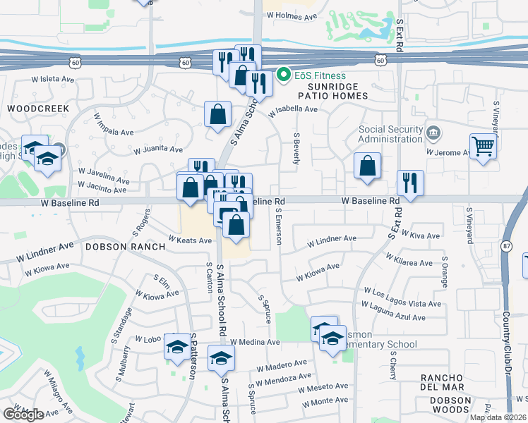 map of restaurants, bars, coffee shops, grocery stores, and more near 1055 West Baseline Road in Mesa