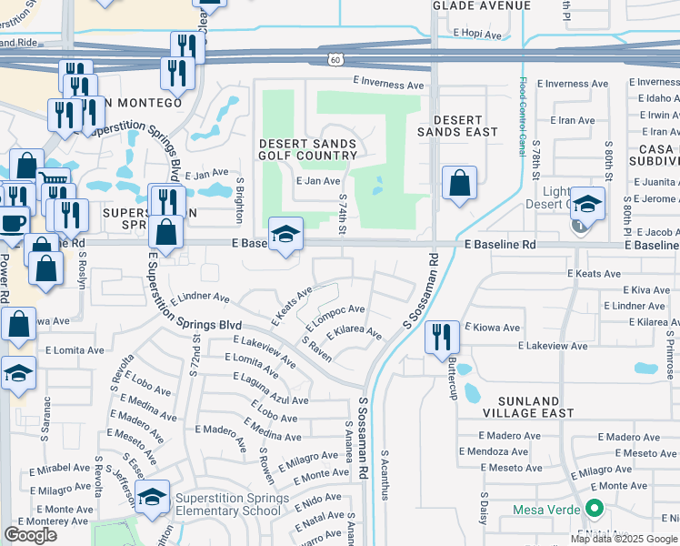 map of restaurants, bars, coffee shops, grocery stores, and more near 7452 East Keats Avenue in Mesa