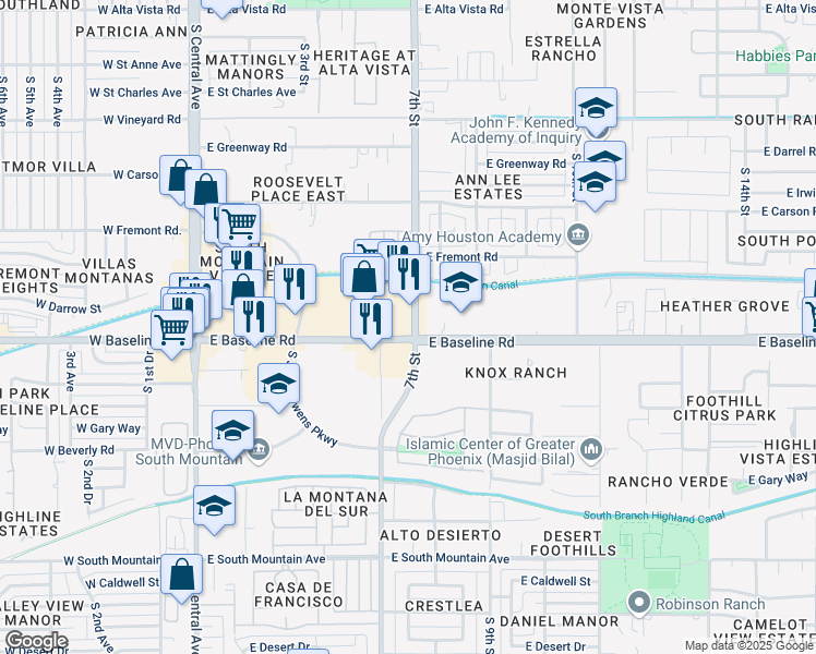 map of restaurants, bars, coffee shops, grocery stores, and more near 7440 South 7th Street in Phoenix