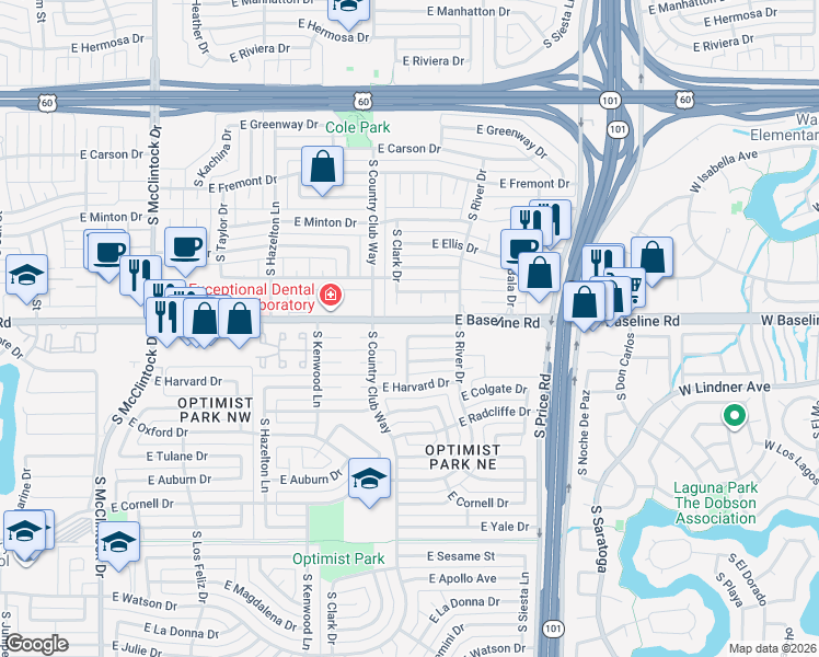 map of restaurants, bars, coffee shops, grocery stores, and more near 2036 East Rice Drive in Tempe