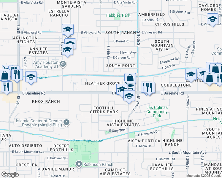 map of restaurants, bars, coffee shops, grocery stores, and more near 7529 South 14th Street in Phoenix