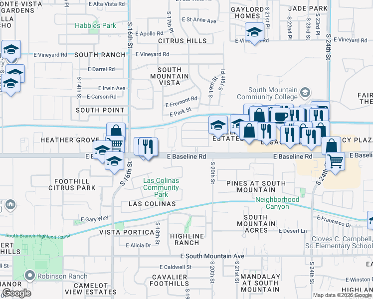 map of restaurants, bars, coffee shops, grocery stores, and more near 1809 East Donner Drive in Phoenix