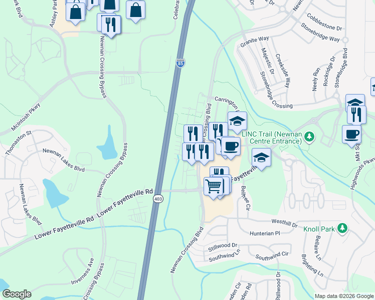 map of restaurants, bars, coffee shops, grocery stores, and more near Interstate 85 in Newnan