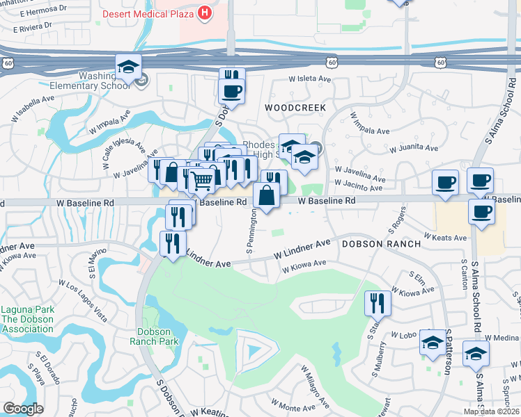 map of restaurants, bars, coffee shops, grocery stores, and more near 1731 West Baseline Road in Mesa
