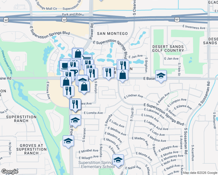 map of restaurants, bars, coffee shops, grocery stores, and more near 7026 East Keats Avenue in Mesa