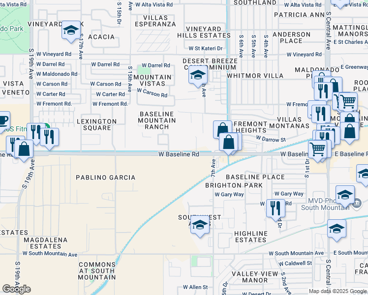 map of restaurants, bars, coffee shops, grocery stores, and more near 1110 West Baseline Road in Phoenix