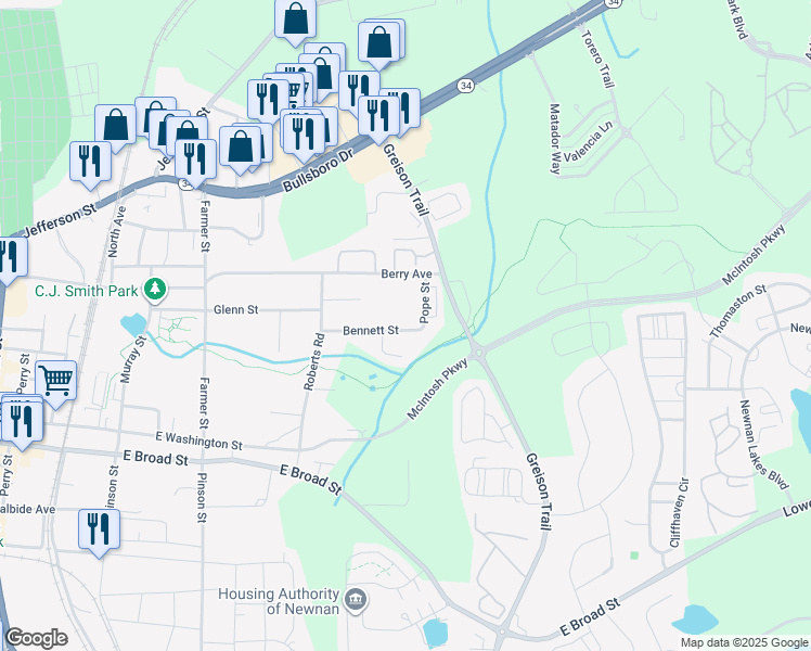 map of restaurants, bars, coffee shops, grocery stores, and more near 40 Bennett Street in Newnan