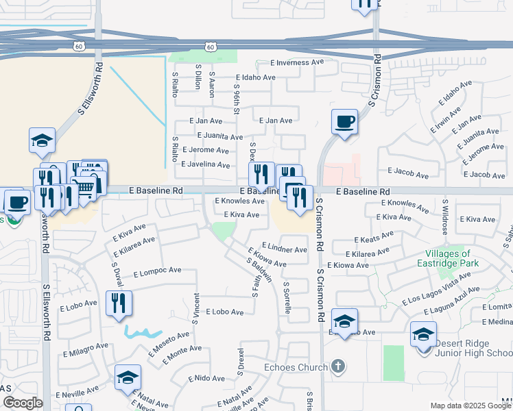 map of restaurants, bars, coffee shops, grocery stores, and more near 9826 East Kiva Avenue in Mesa