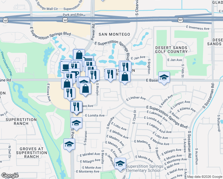 map of restaurants, bars, coffee shops, grocery stores, and more near 7026 East Keats Avenue in Mesa