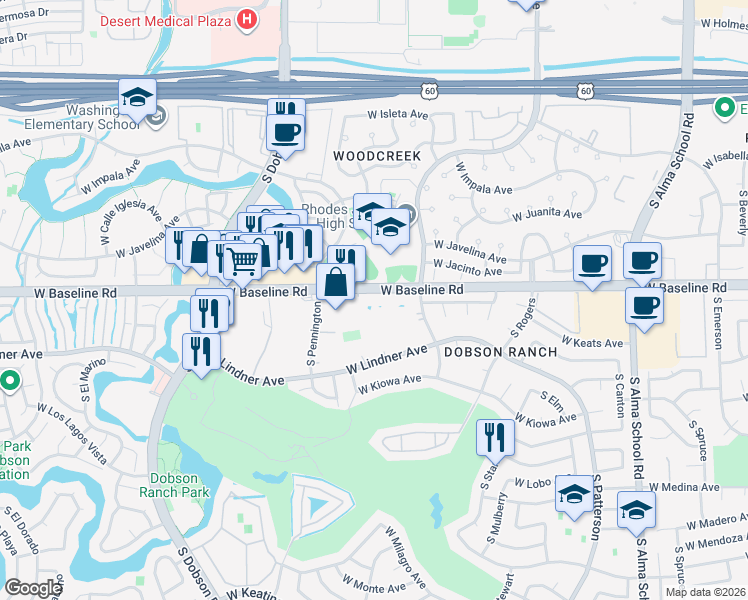map of restaurants, bars, coffee shops, grocery stores, and more near 170 North Waterworks in Mesa