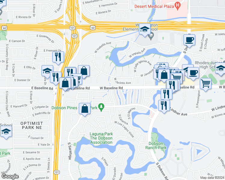 map of restaurants, bars, coffee shops, grocery stores, and more near 1864 South Las Palmas Circle in Mesa